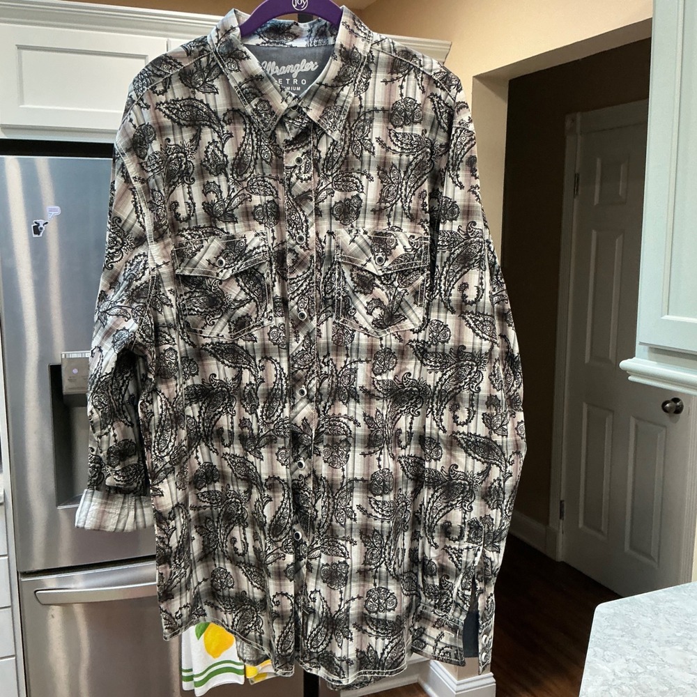 Wrangler Button‎ Down Retro Premium XL Grey Paisley Plaid Western Long Sleeve